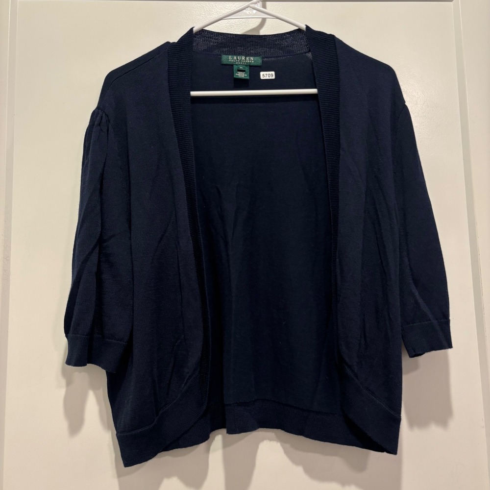 Lauren Ralph Lauren Navy Blue Open Front Cardigan XL Cotton Viscose 3/4 Sleeve